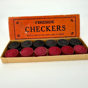 Vintage 1930’s Fireside Wood Checkers Pions by the Canada Games Co Complete set
